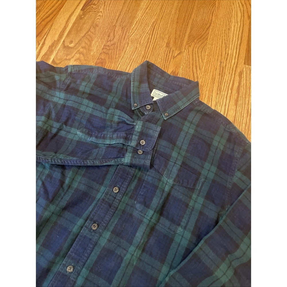 LL Bean Mens Button Down Shirt Large Blue Green Plaid Flannel Long Sleeve‎ L-REG